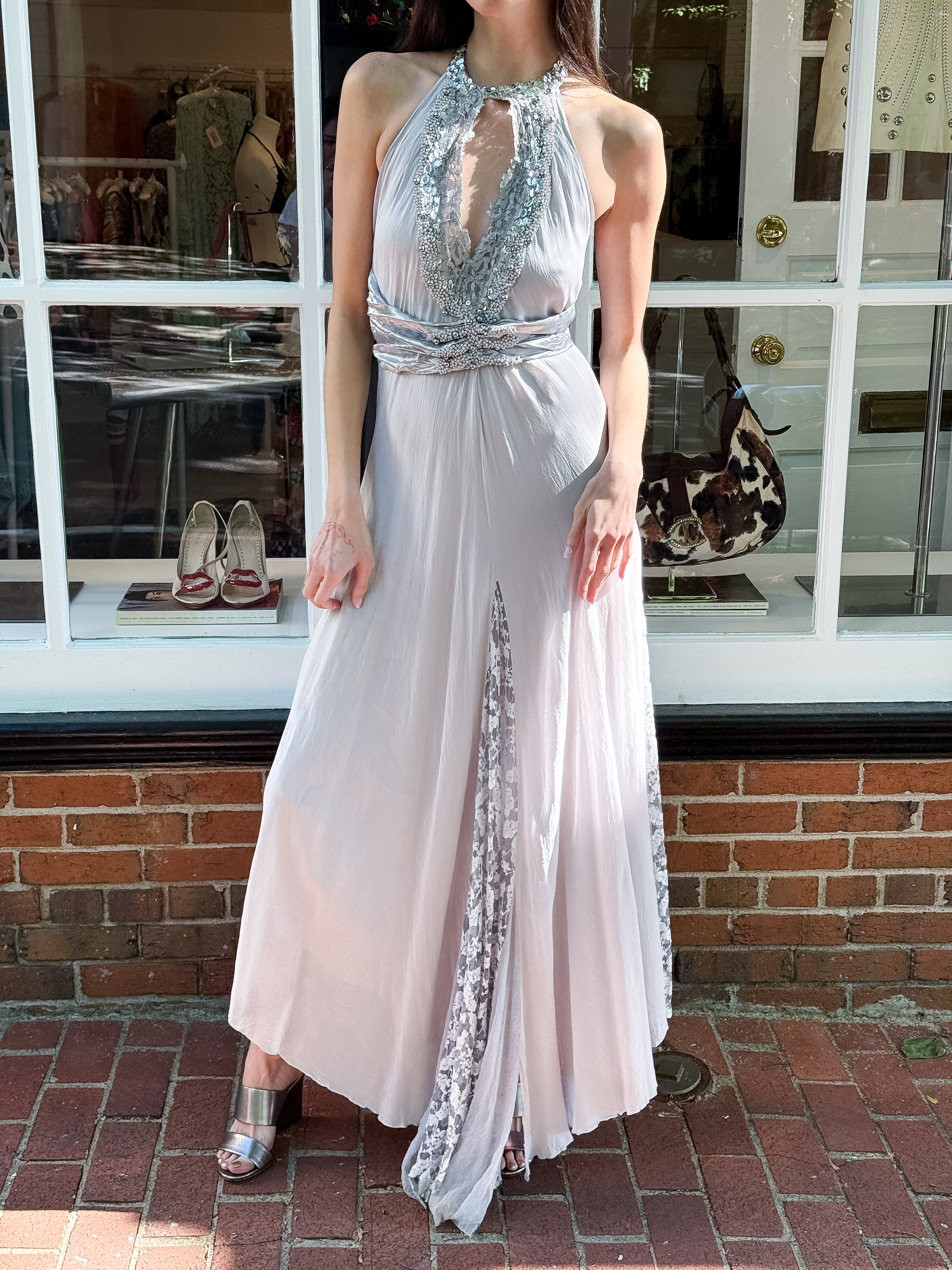 Lia Rabello 2000s Silver Grey Pearl Beaded Lace Halter Maxi Gown - S/M