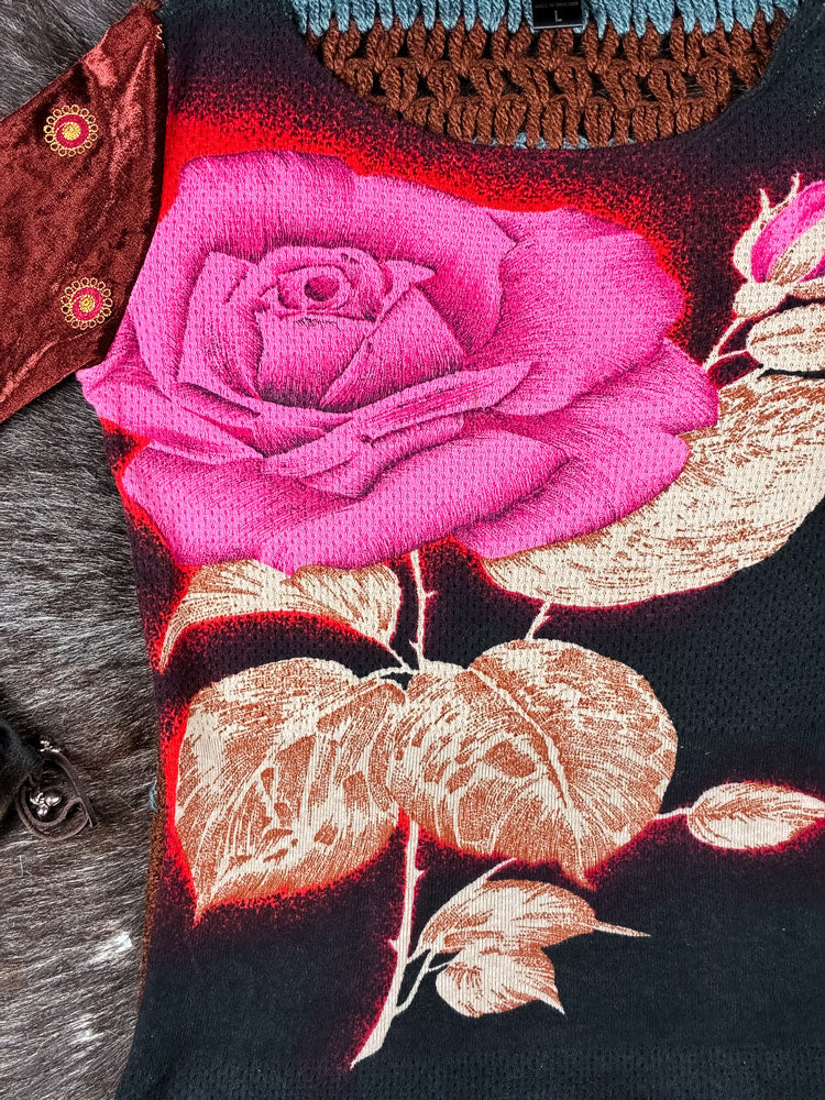 Custo Barcelona 2000s Velvet & Crochet Rose Top