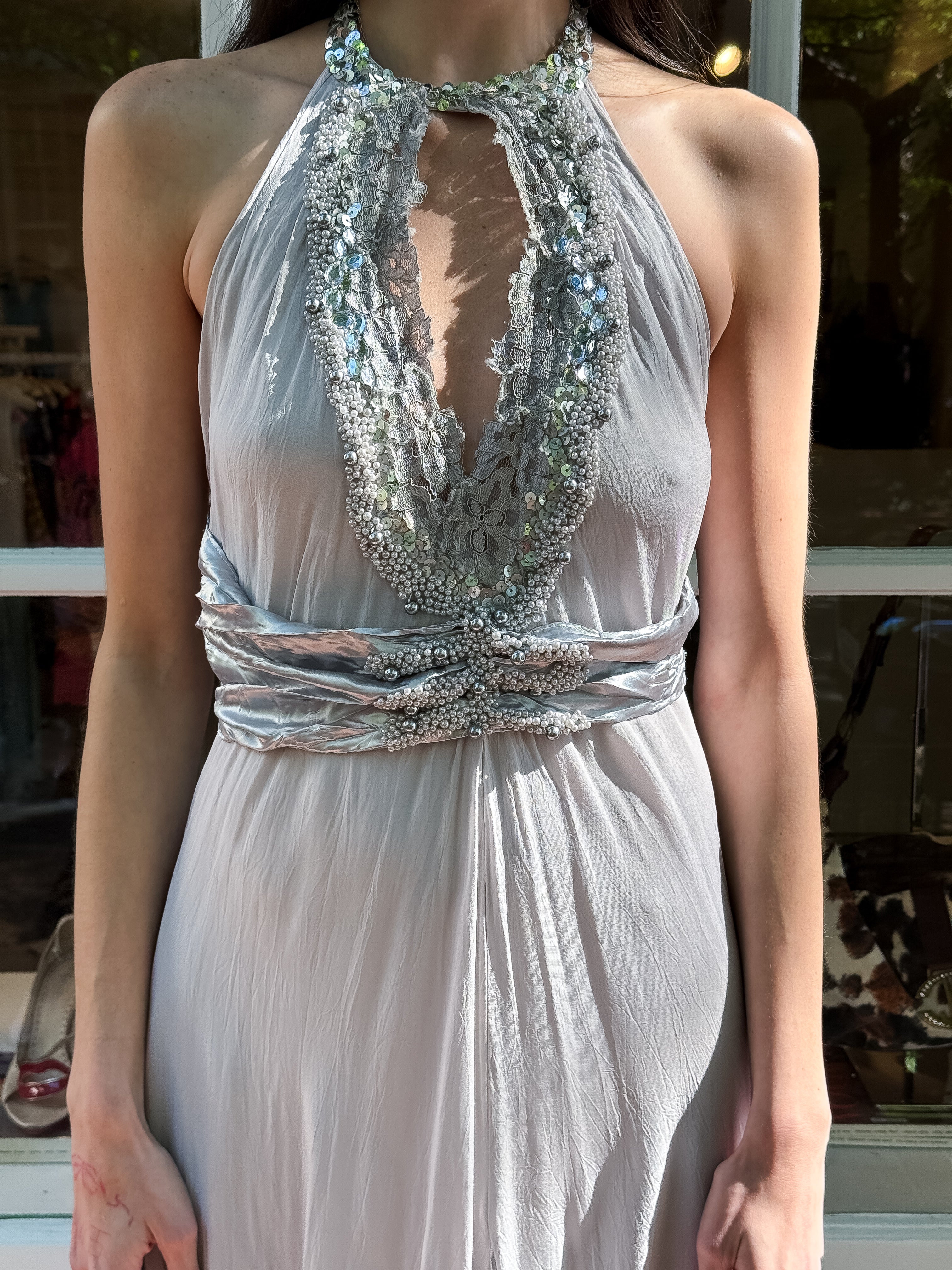 Lia Rabello 2000s Silver Grey Pearl Beaded Lace Halter Maxi Gown - S/M