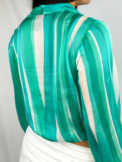 Luisa Spagnoli Green Wave Stripe Silk Wrap Blouse - S/M