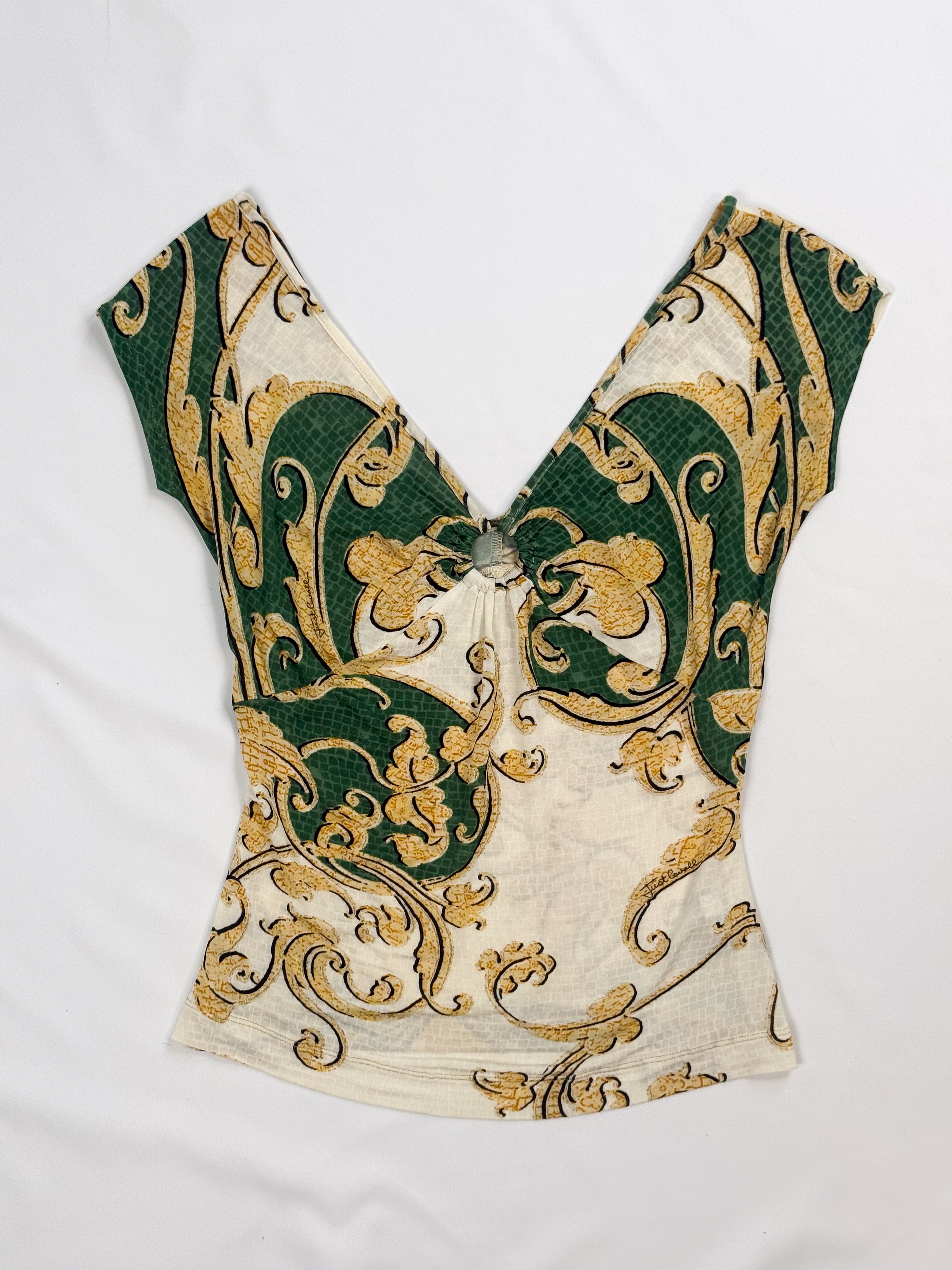 Just Cavalli 2000s Green Baroque Snake-Print Ring-Detail Top - L