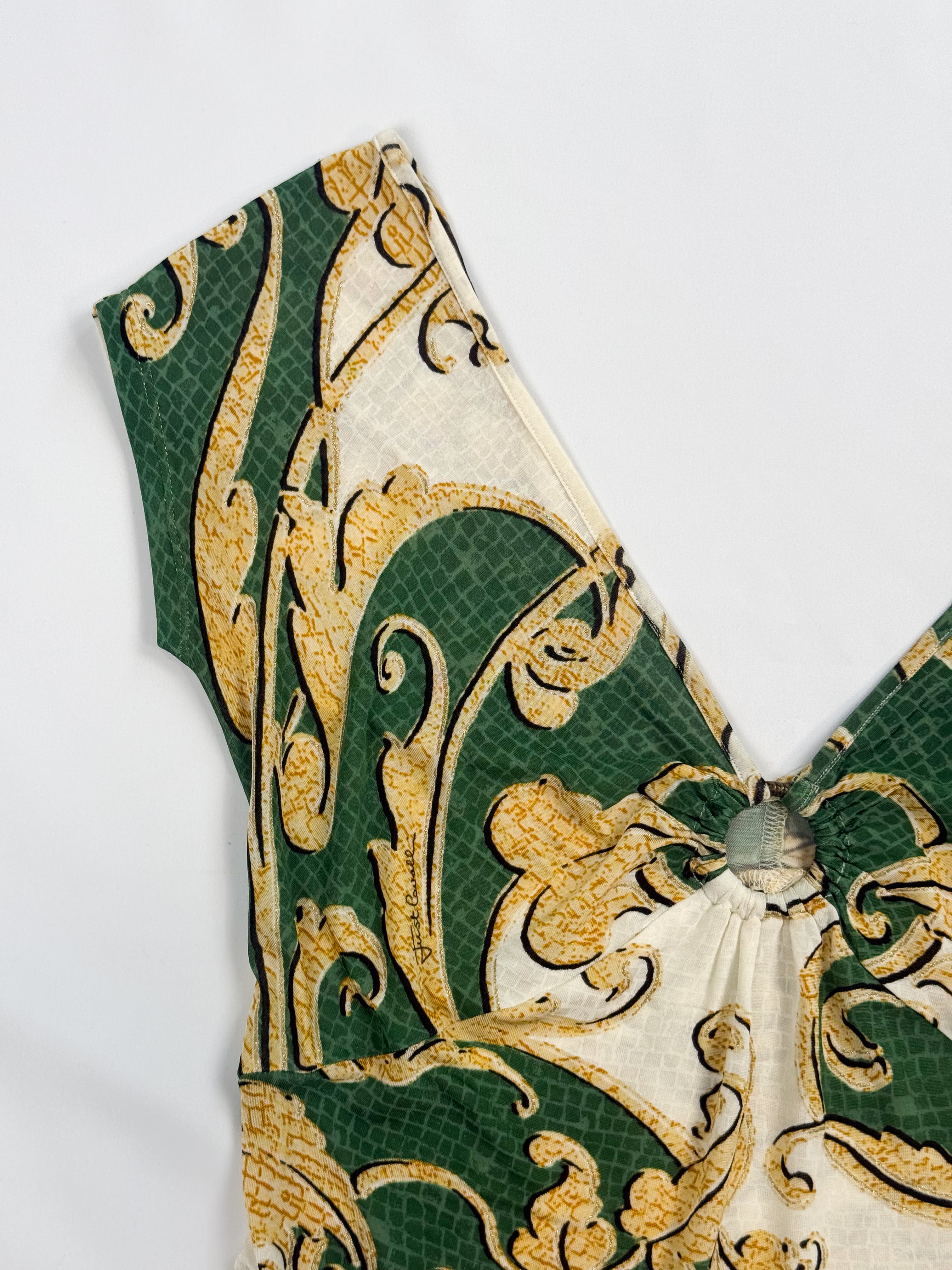 Just Cavalli 2000s Green Baroque Snake-Print Ring-Detail Top - L