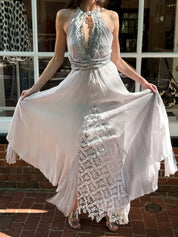 Lia Rabello 2000s Silver Grey Pearl Beaded Lace Halter Maxi Gown - S/M