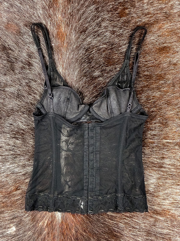 La Perla Early 2000s Black Mesh Embroidered Corset Top
