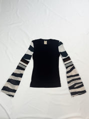 GF Ferre 2000s Black Mixed-Material Stripe Bell Sleeve Top - XS/S