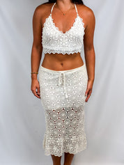 René Derhy 2000s Cream Crochet Halter Top and Midi Skirt Set - S
