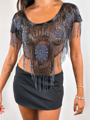 Capucine 1980s Black Beaded Fringe Mesh Top - One Size