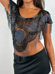 Capucine 1980s Black Beaded Fringe Mesh Top - One Size