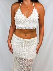 René Derhy 2000s Cream Crochet Halter Top and Midi Skirt Set - S