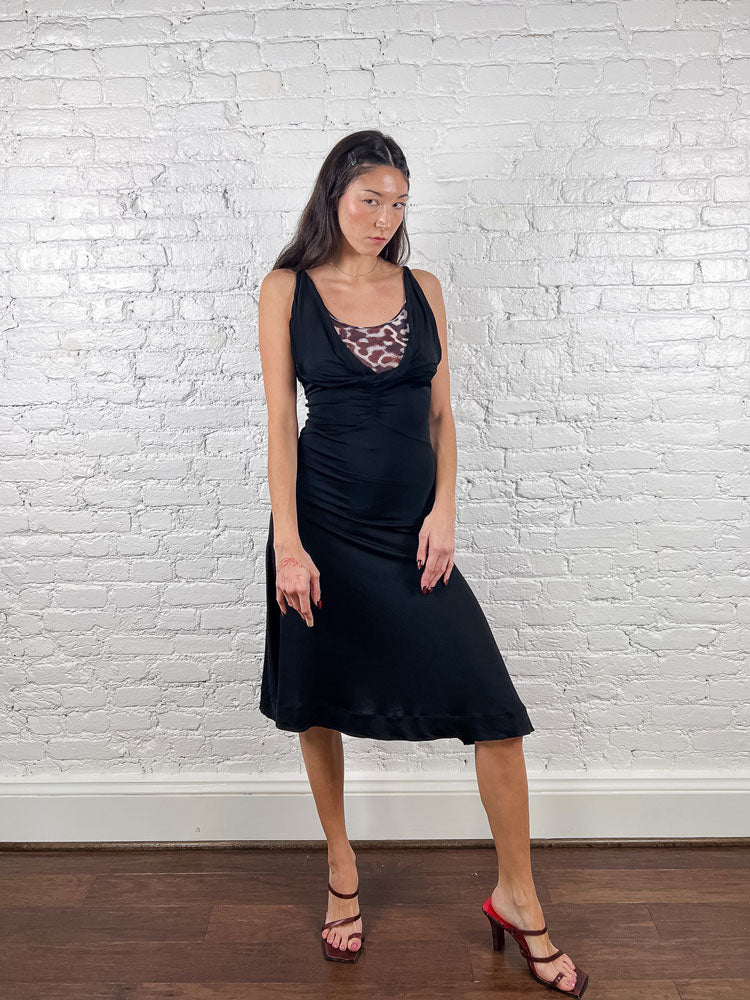 Just Cavalli 2000s Black Leopard-Lined Midi Dress