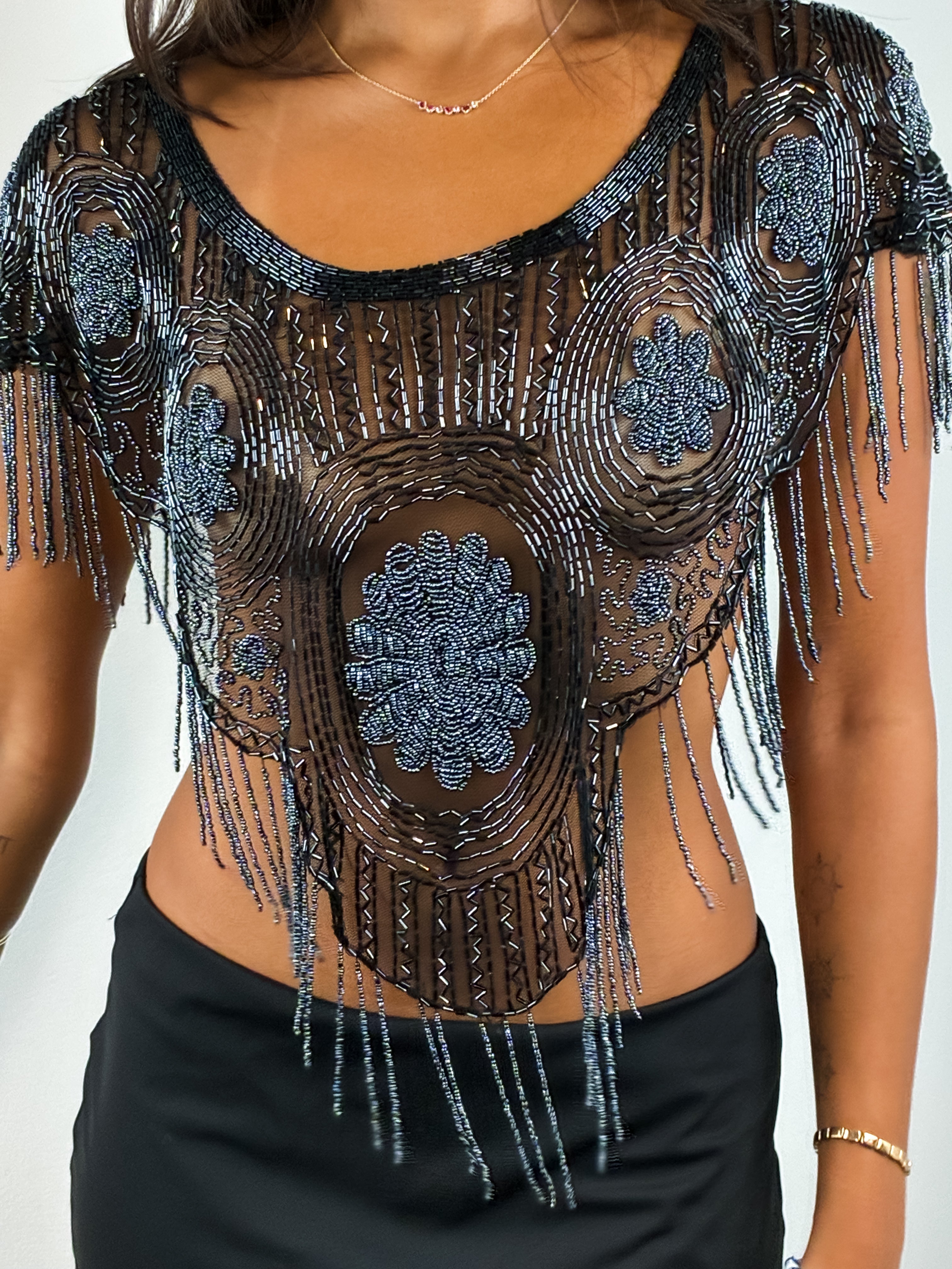 Capucine 1980s Black Beaded Fringe Mesh Top - One Size