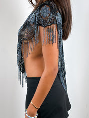Capucine 1980s Black Beaded Fringe Mesh Top - One Size