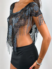 Capucine 1980s Black Beaded Fringe Mesh Top - One Size