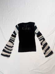 GF Ferre 2000s Black Mixed-Material Stripe Bell Sleeve Top - XS/S