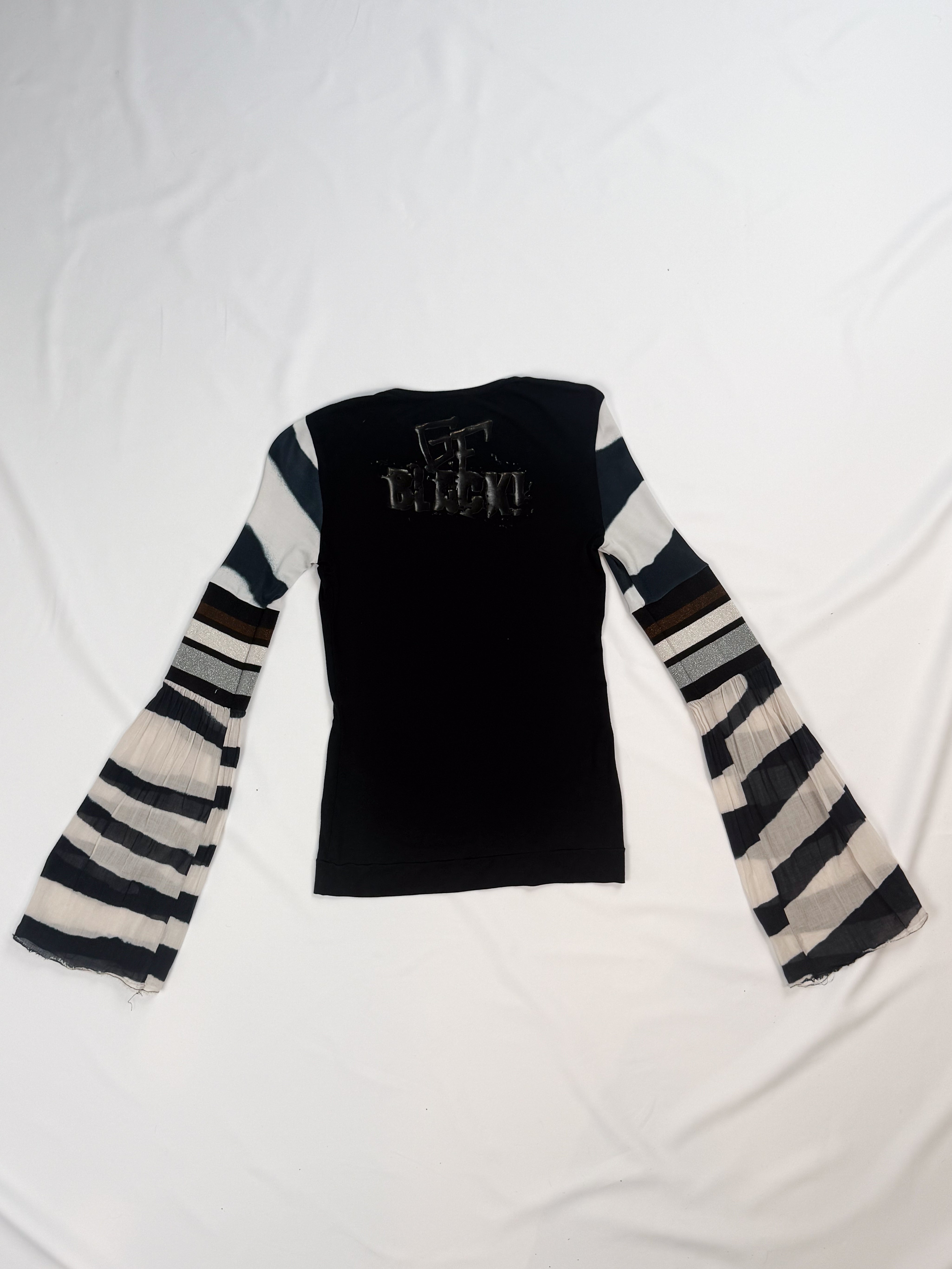 GF Ferre 2000s Black Mixed-Material Stripe Bell Sleeve Top - XS/S