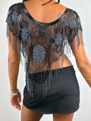 Capucine 1980s Black Beaded Fringe Mesh Top - One Size