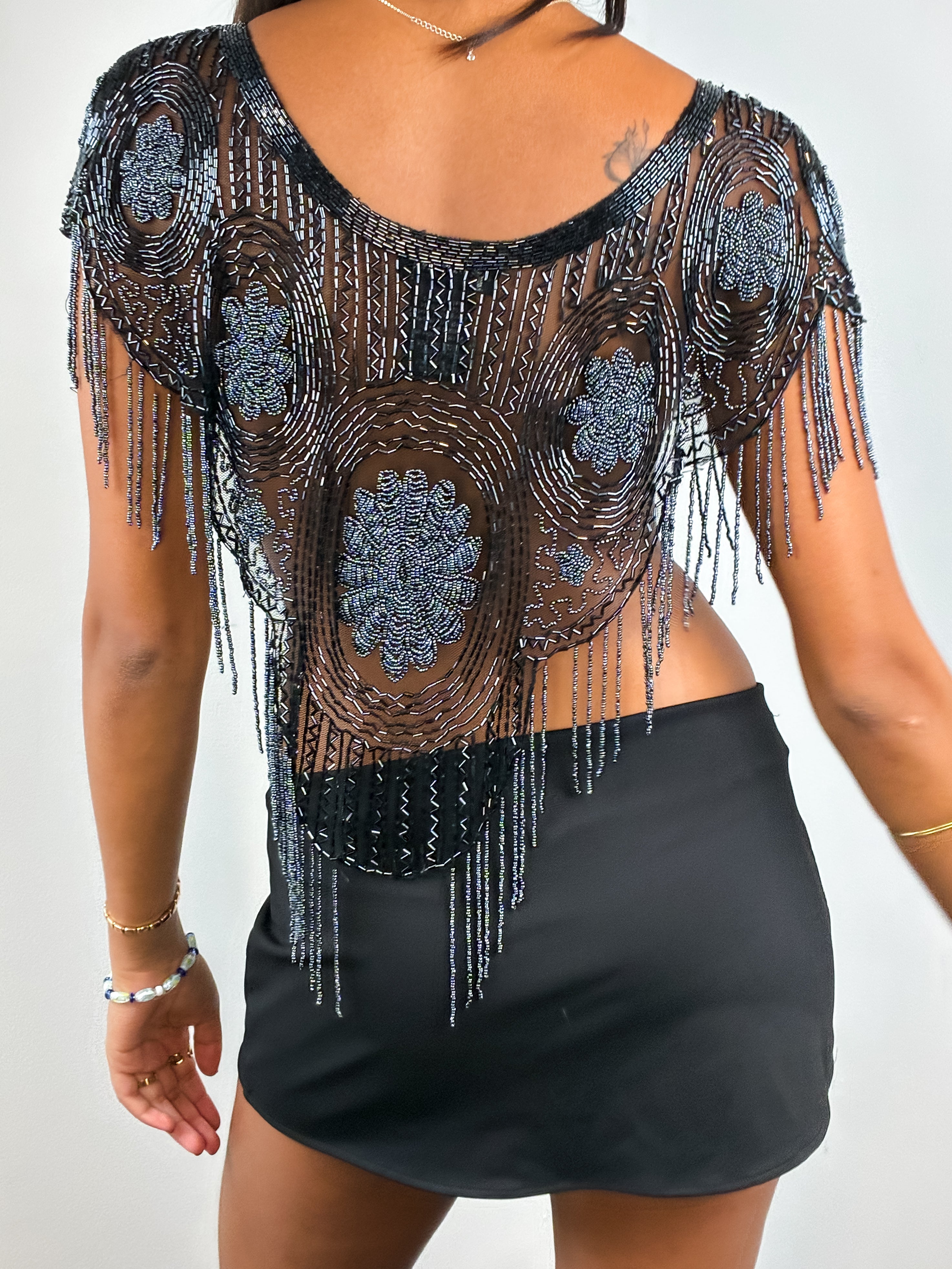 Capucine 1980s Black Beaded Fringe Mesh Top - One Size