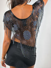 Capucine 1980s Black Beaded Fringe Mesh Top - One Size