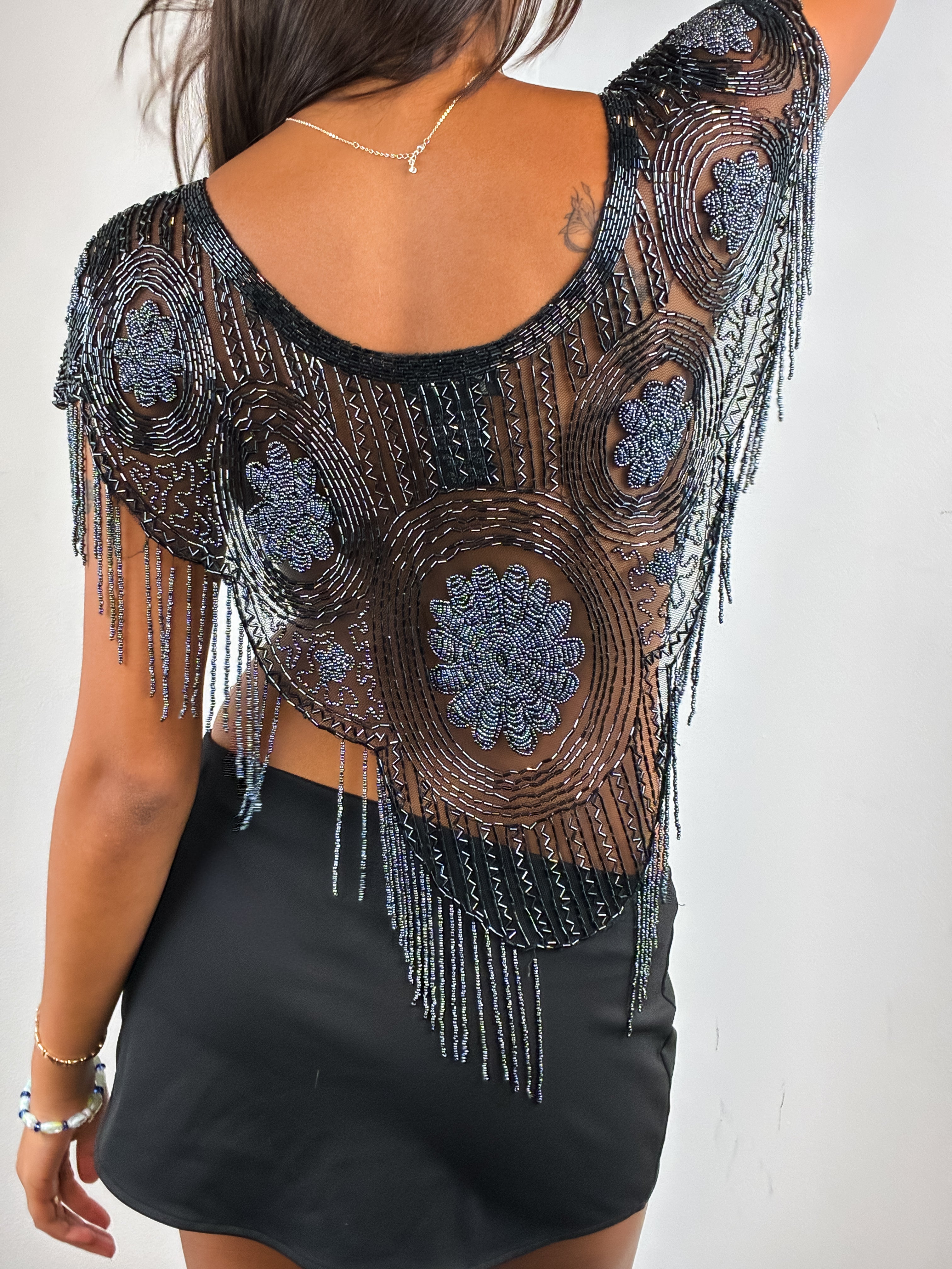 Capucine 1980s Black Beaded Fringe Mesh Top - One Size