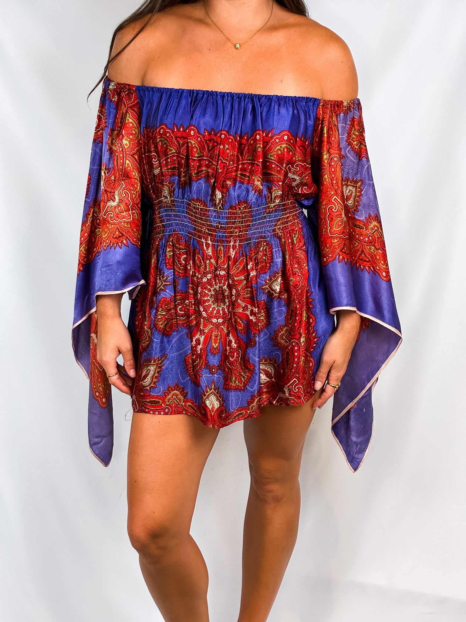 2000s Purple Red Paisley Off-Shoulder Angel-Sleeve Boho Blouse - S/M