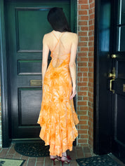 Luisa Spagnoli 2000s Orange Daisy Print Silk Dress with Shawl - S-M