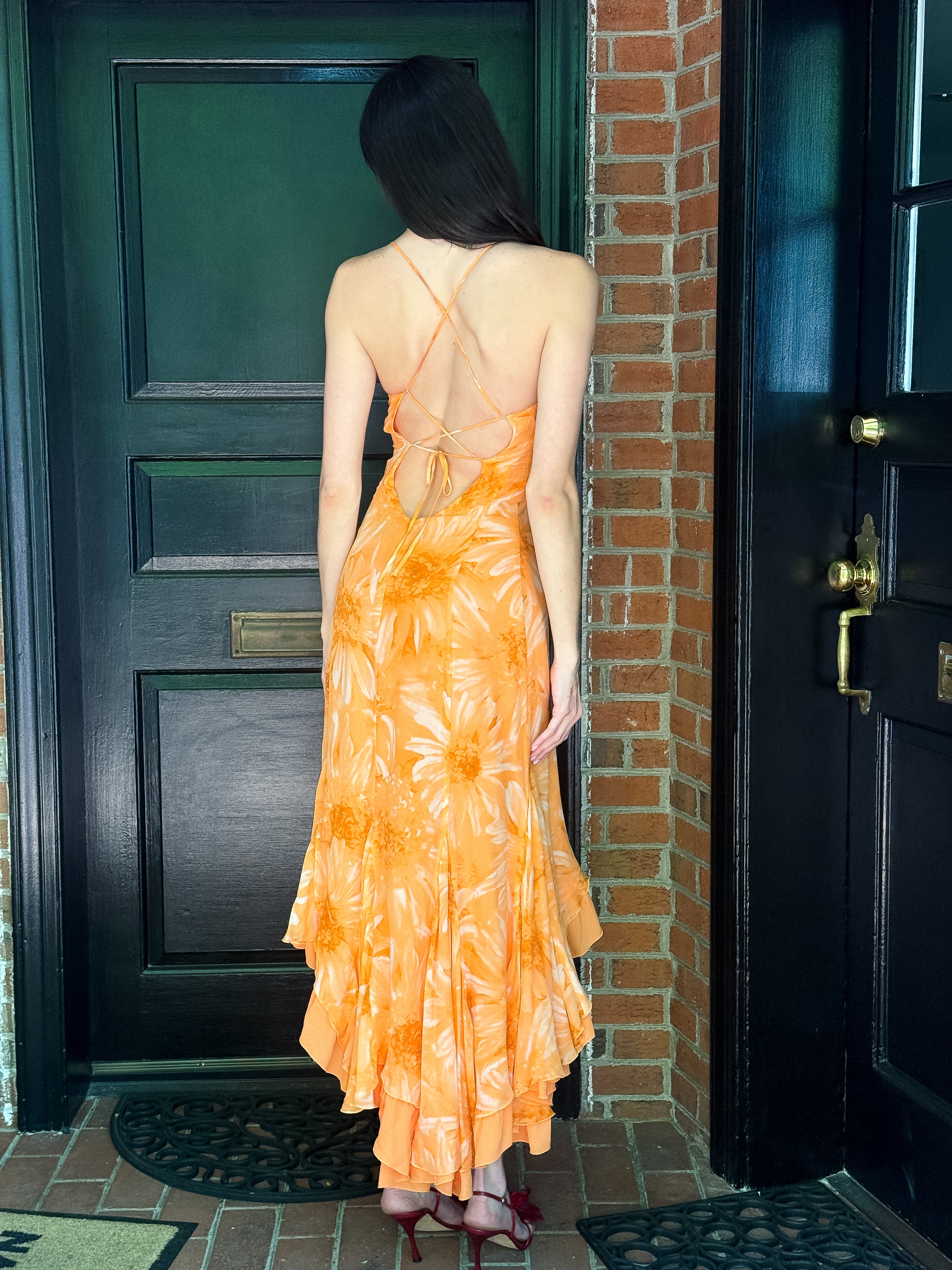 Luisa Spagnoli 2000s Orange Daisy Print Silk Dress with Shawl - S-M