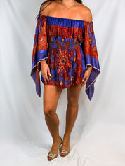 2000s Purple Red Paisley Off-Shoulder Angel-Sleeve Boho Blouse - S/M