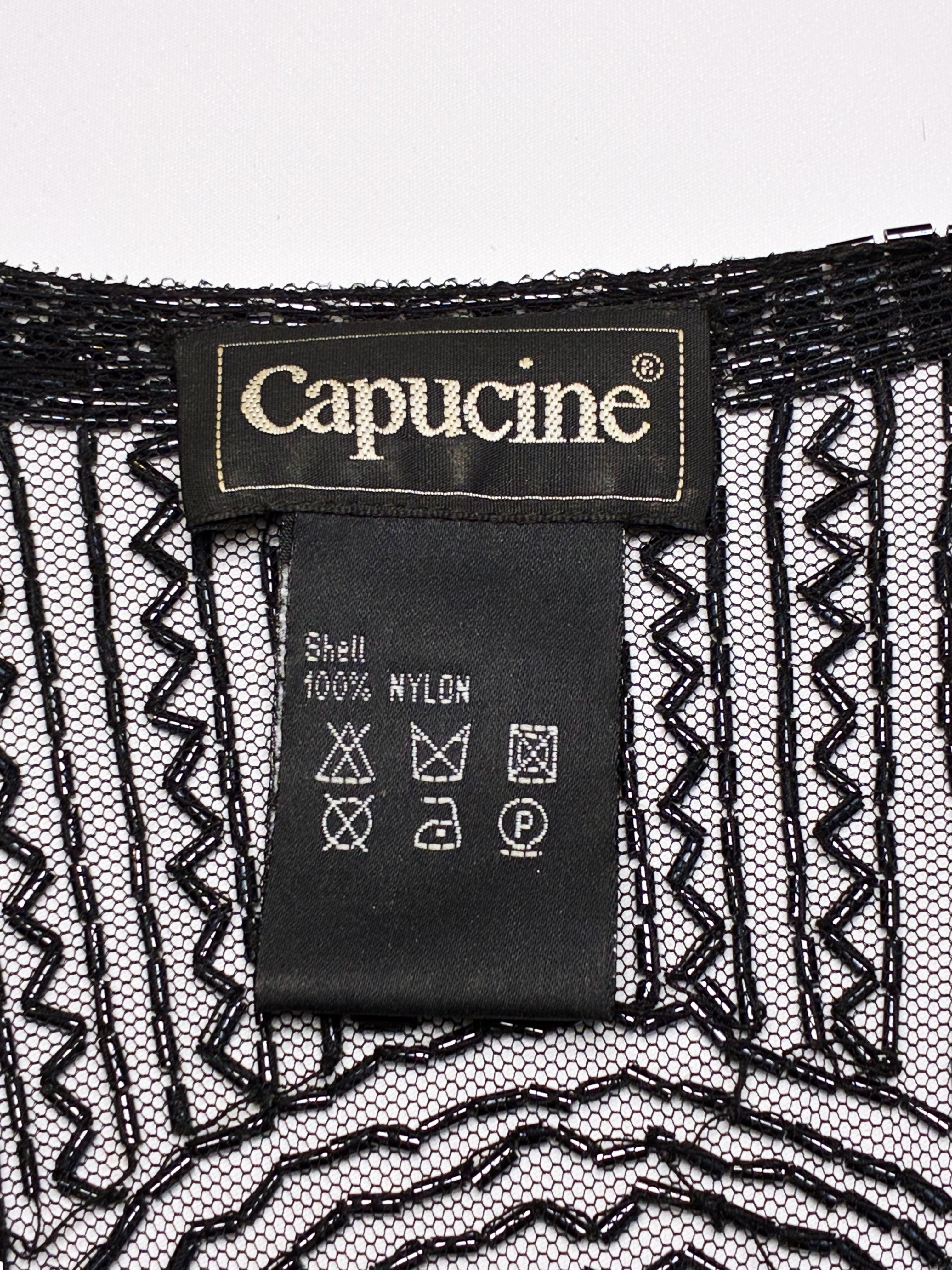 Capucine 1980s Black Beaded Fringe Mesh Top - One Size