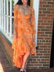 Luisa Spagnoli 2000s Orange Daisy Print Silk Dress with Shawl - S-M