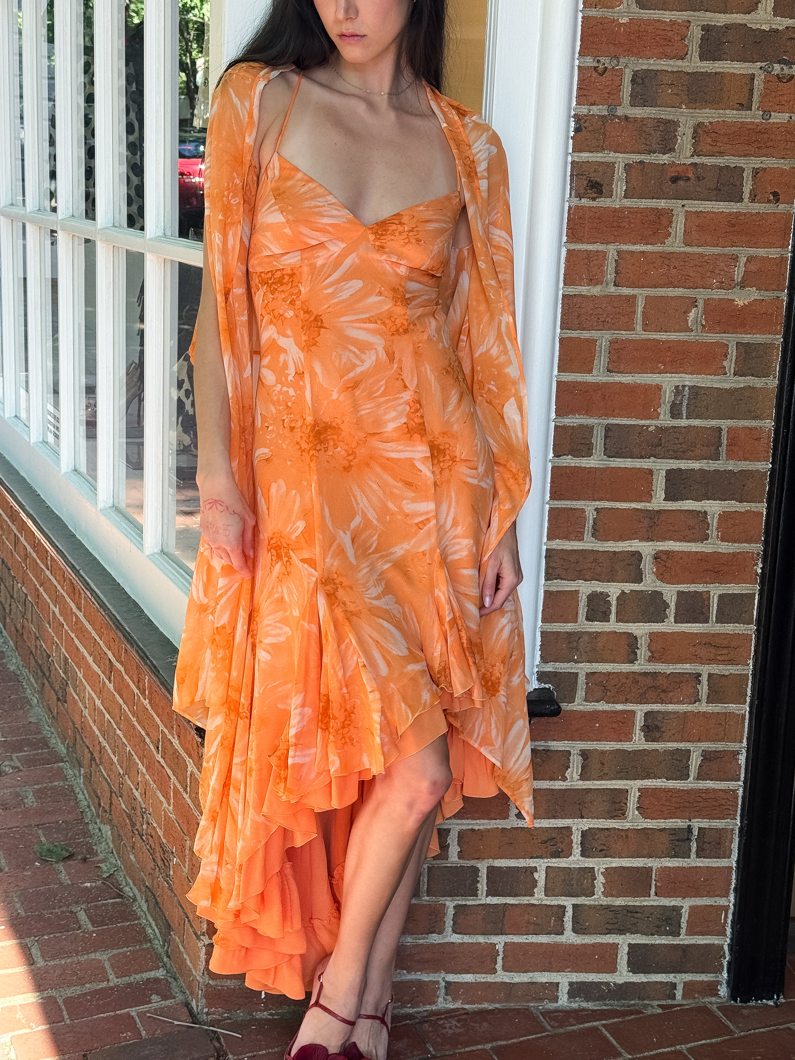 Luisa Spagnoli 2000s Orange Daisy Print Silk Dress with Shawl - S-M