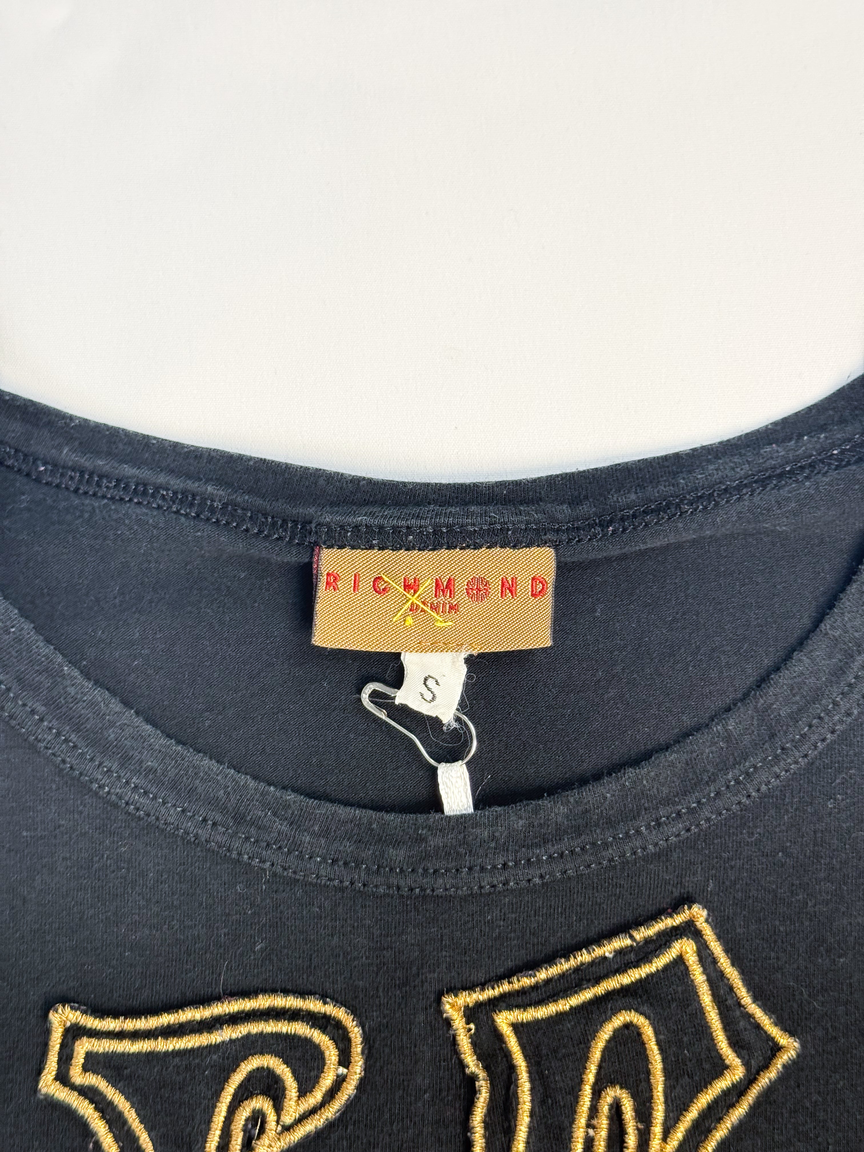 Richmond Denim 2000s Black "RICH" Gold Gothic Graphic Tee - S