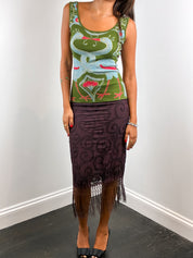 Custo Barcelona 2000s Green Crane Print Beaded Fringe Maxi Dress - XS/S