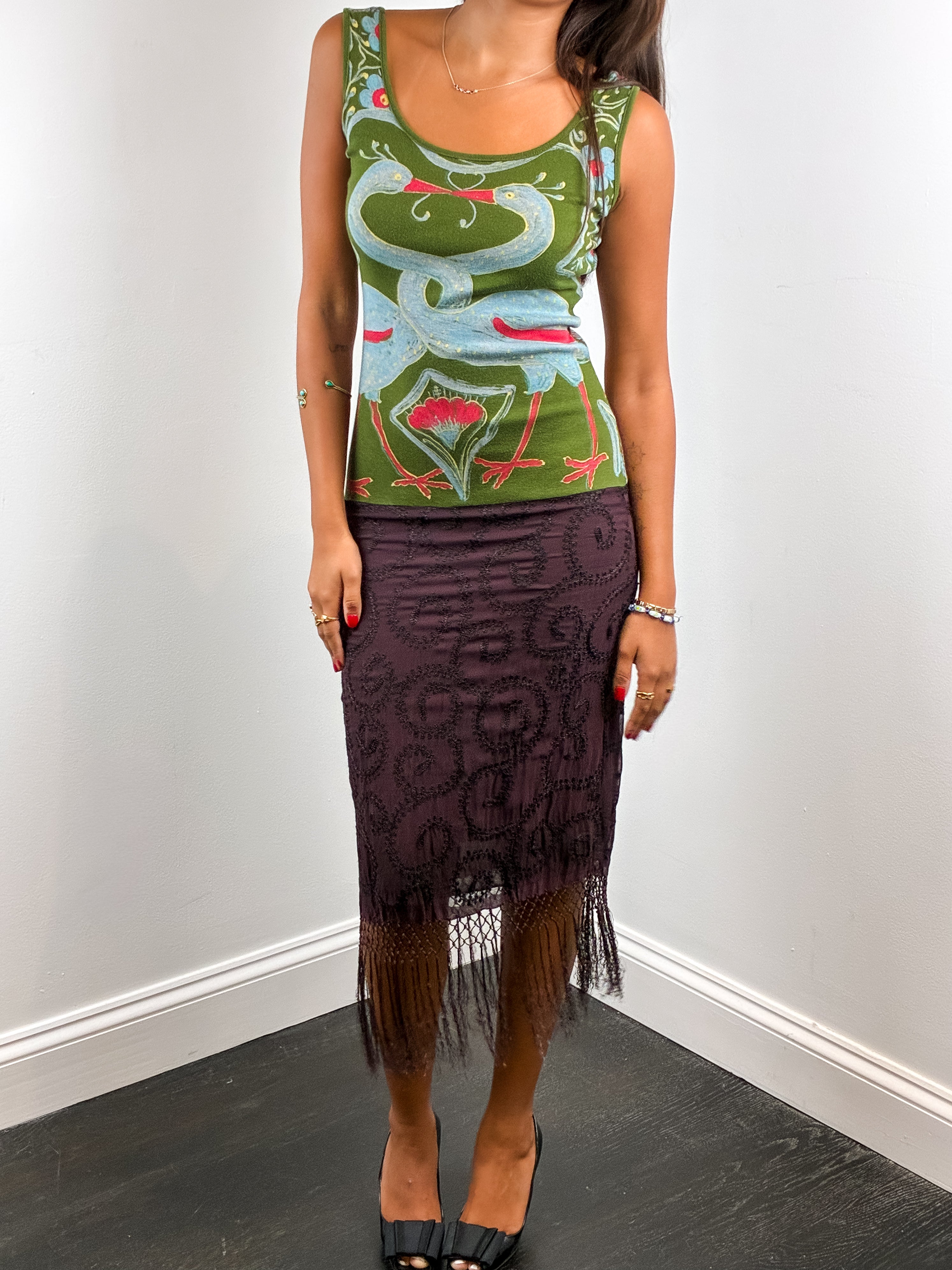 Custo Barcelona 2000s Green Crane Print Beaded Fringe Maxi Dress - XS/S