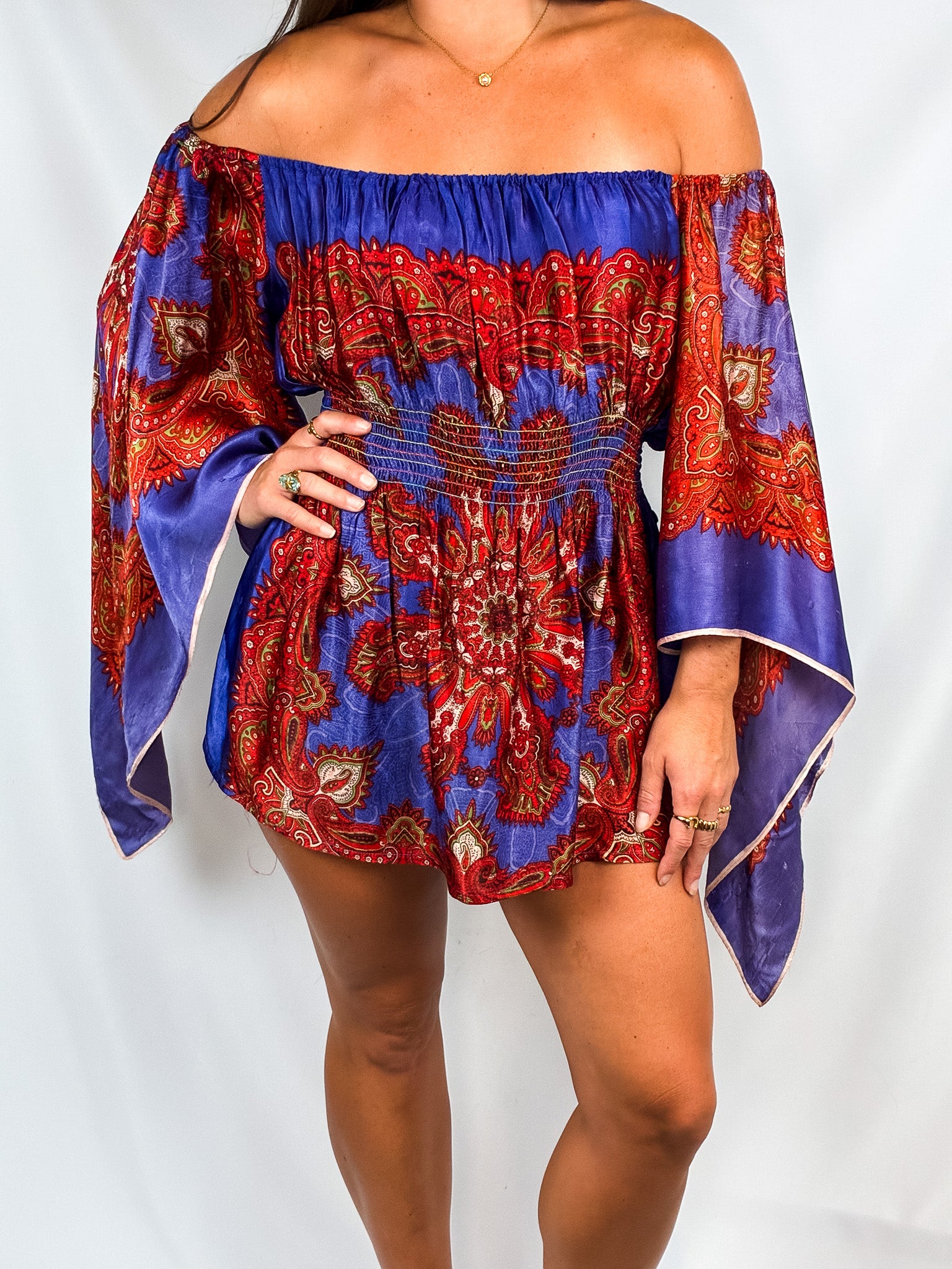 2000s Purple Red Paisley Off-Shoulder Angel-Sleeve Boho Blouse - S/M