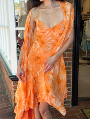 Luisa Spagnoli 2000s Orange Daisy Print Silk Dress with Shawl - S-M