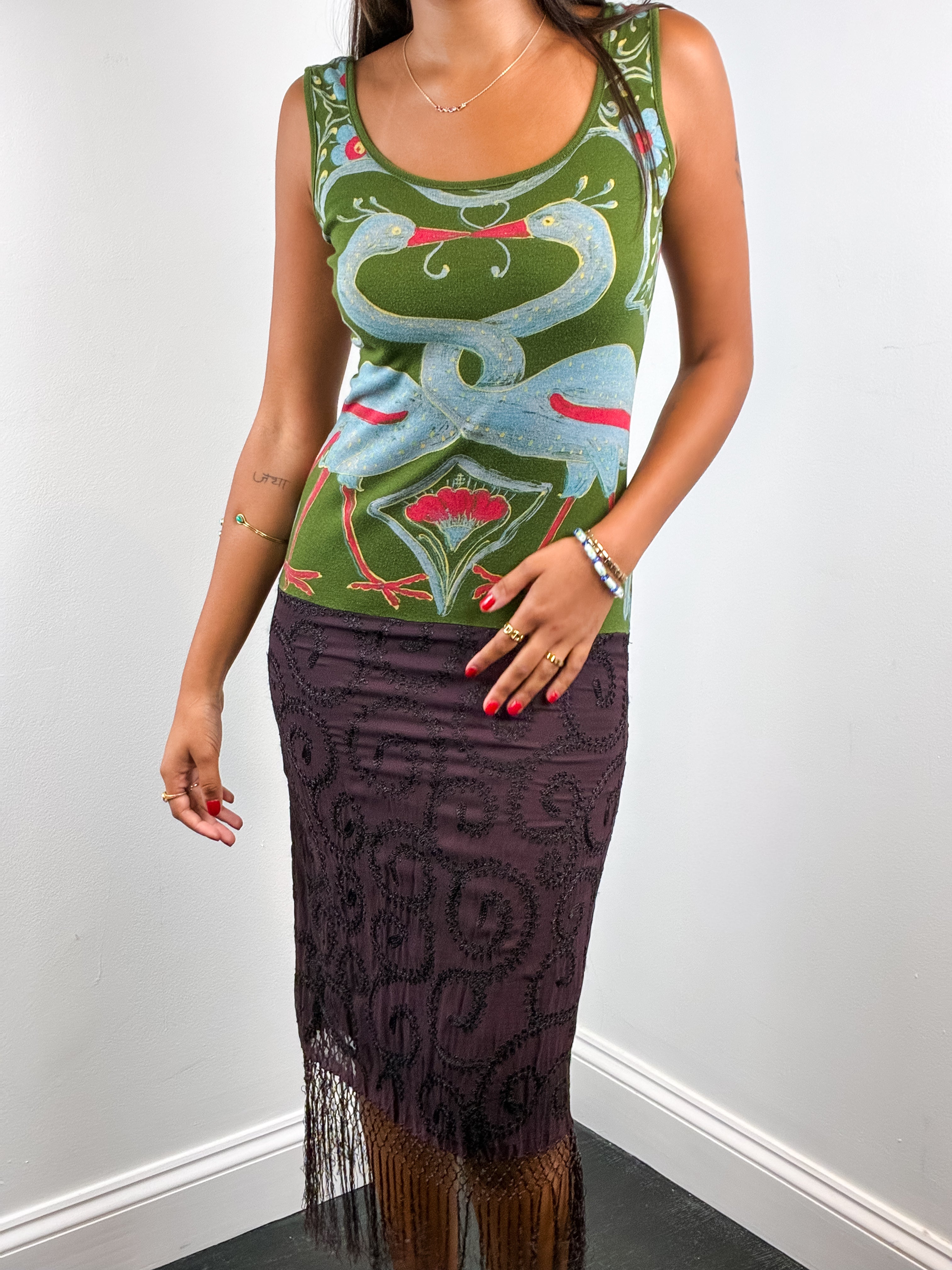 Custo Barcelona 2000s Green Crane Print Beaded Fringe Maxi Dress - XS/S