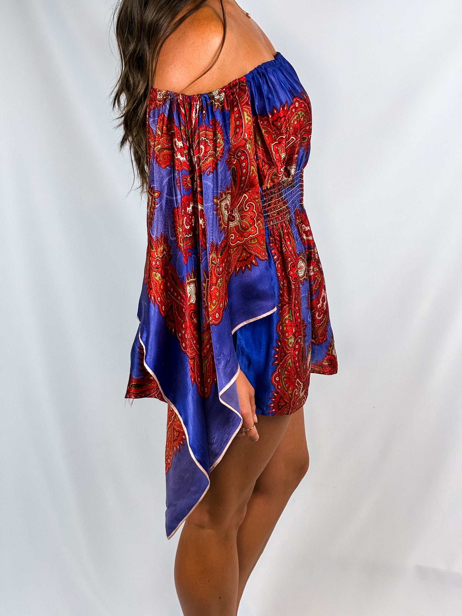 2000s Purple Red Paisley Off-Shoulder Angel-Sleeve Boho Blouse - S/M