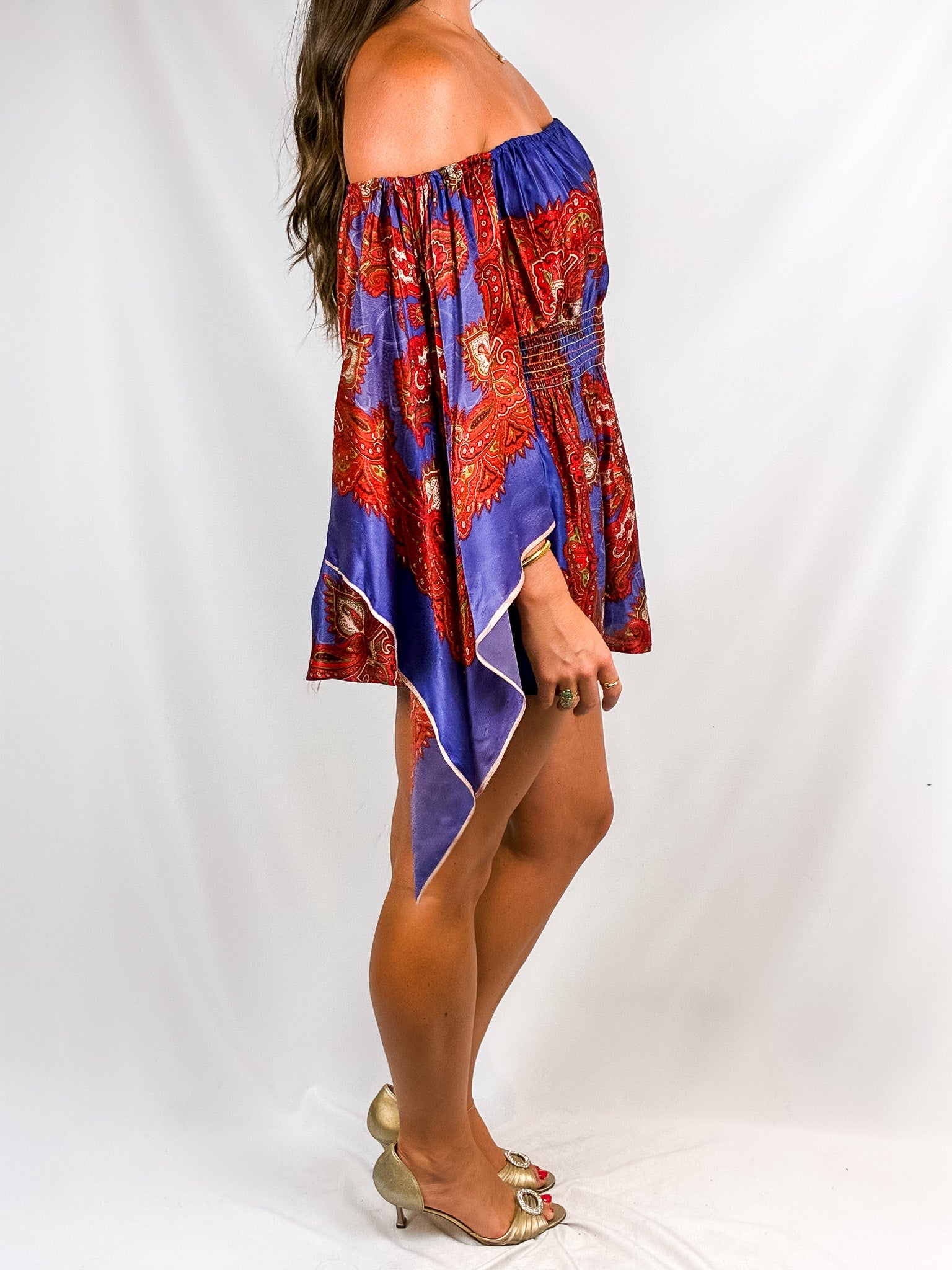 2000s Purple Red Paisley Off-Shoulder Angel-Sleeve Boho Blouse - S/M