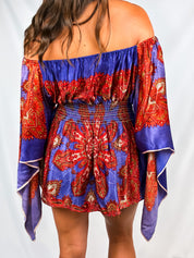 2000s Purple Red Paisley Off-Shoulder Angel-Sleeve Boho Blouse - S/M