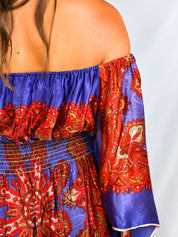 2000s Purple Red Paisley Off-Shoulder Angel-Sleeve Boho Blouse - S/M