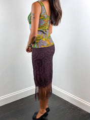 Custo Barcelona 2000s Green Crane Print Beaded Fringe Maxi Dress - XS/S