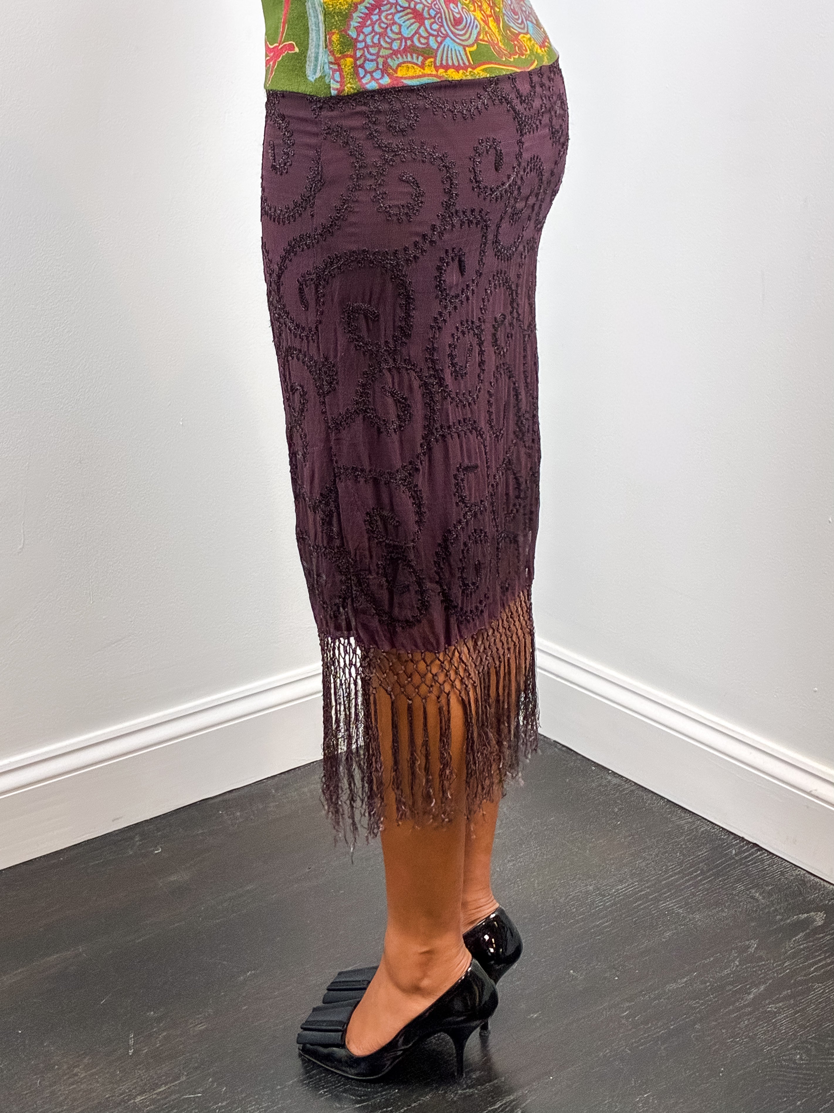 Custo Barcelona 2000s Green Crane Print Beaded Fringe Maxi Dress - XS/S