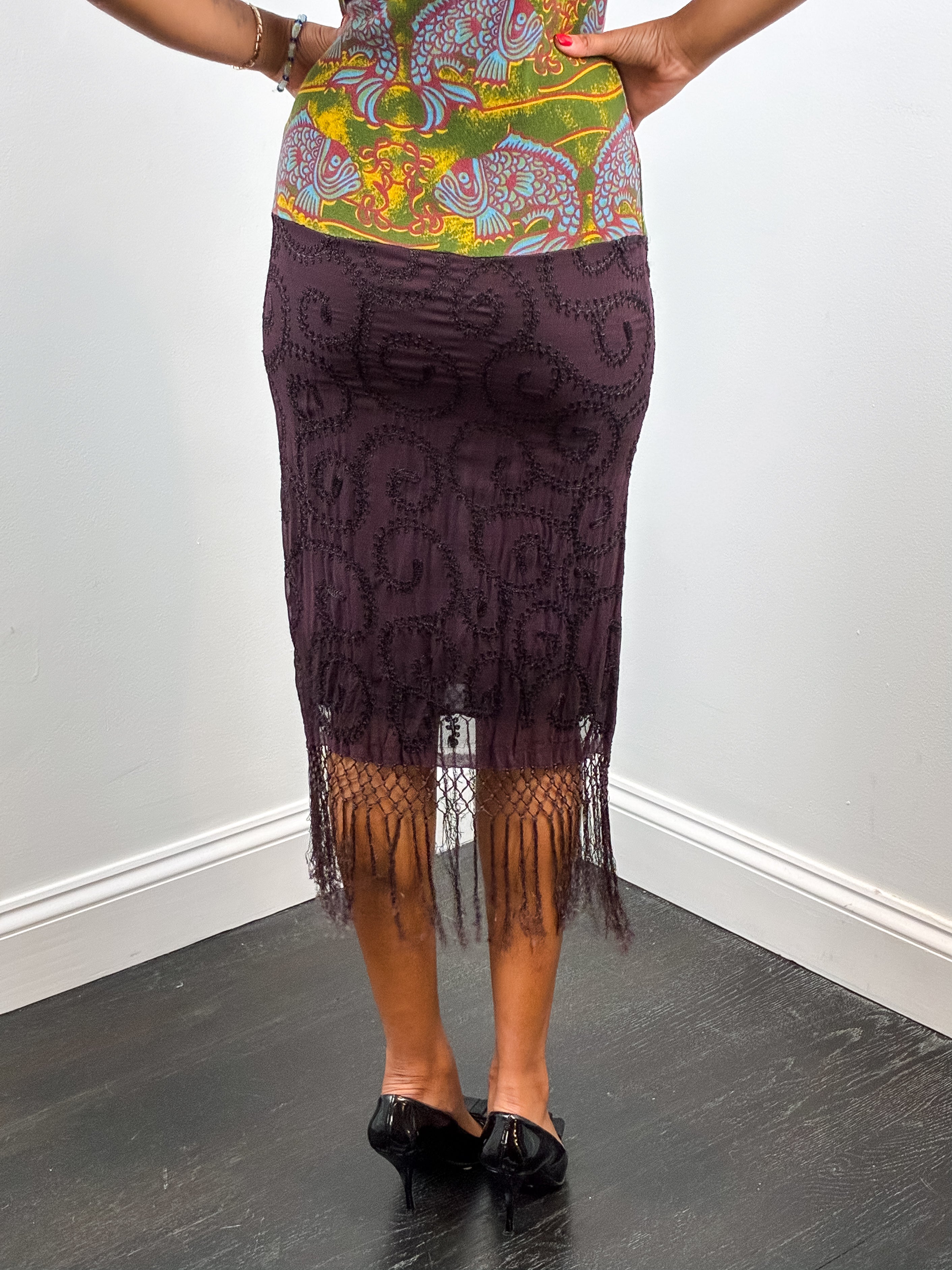 Custo Barcelona 2000s Green Crane Print Beaded Fringe Maxi Dress - XS/S