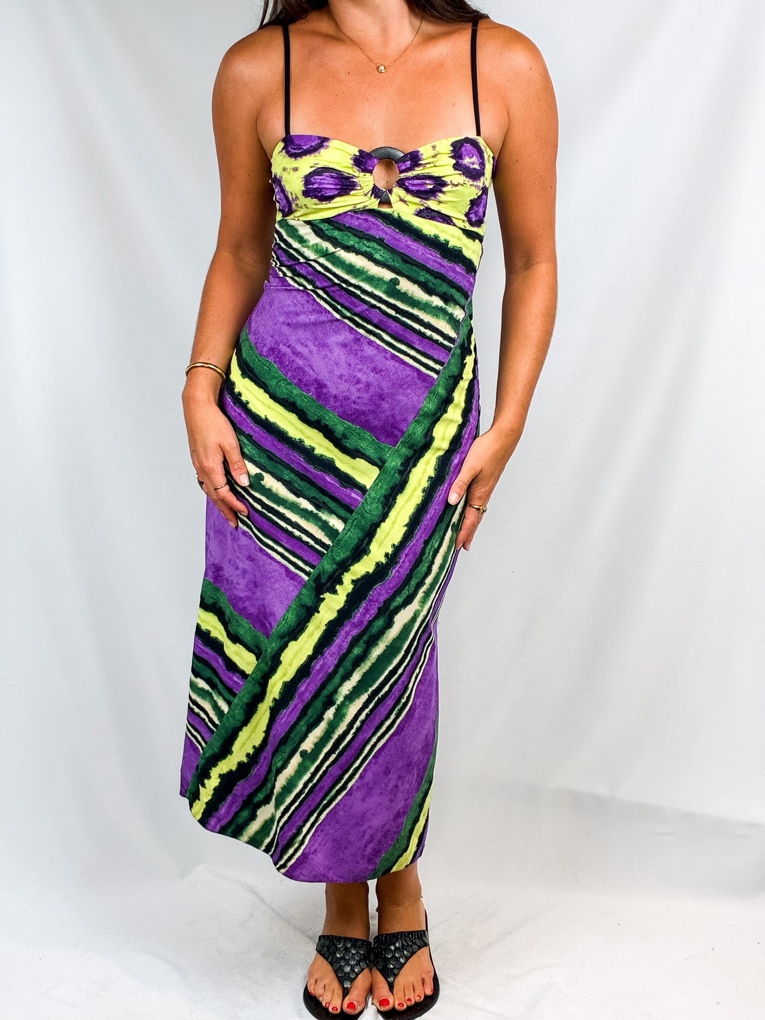 Parah 2000s Purple & Green Tie-Dye Stripe Maxi Dress - S/M