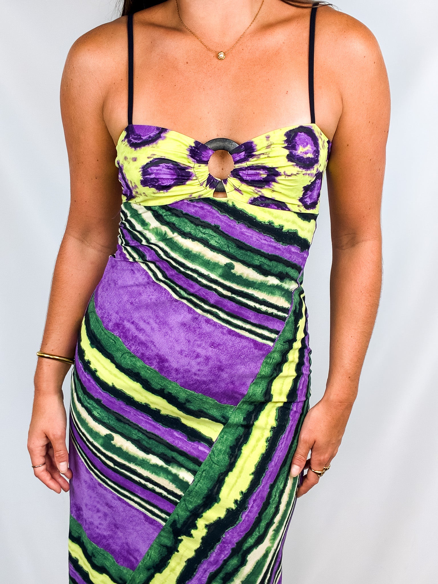 Parah 2000s Purple & Green Tie-Dye Stripe Maxi Dress - S/M
