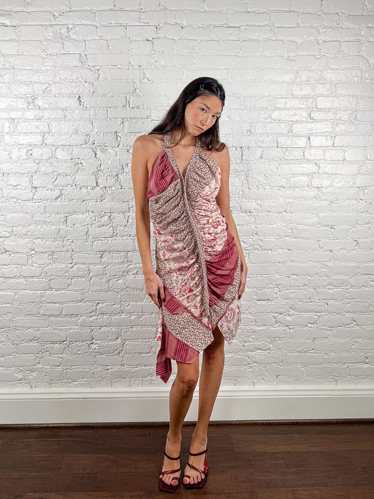 One Step 2000s Pink Patchwork Halter Dress