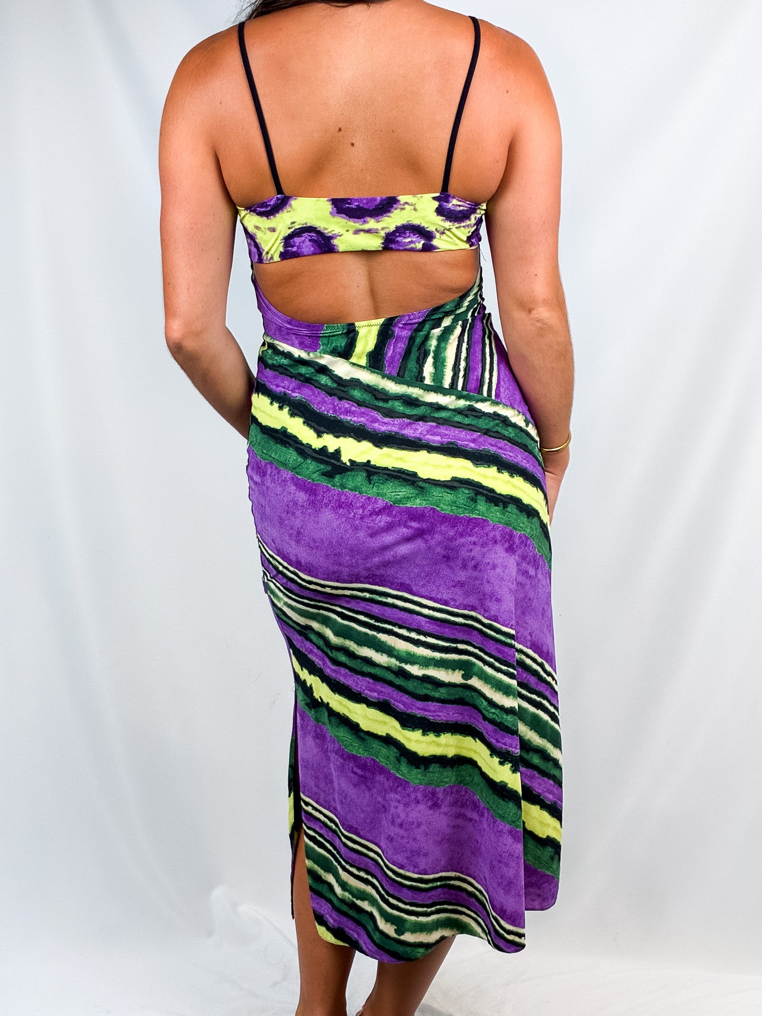 Parah 2000s Purple & Green Tie-Dye Stripe Maxi Dress - S/M