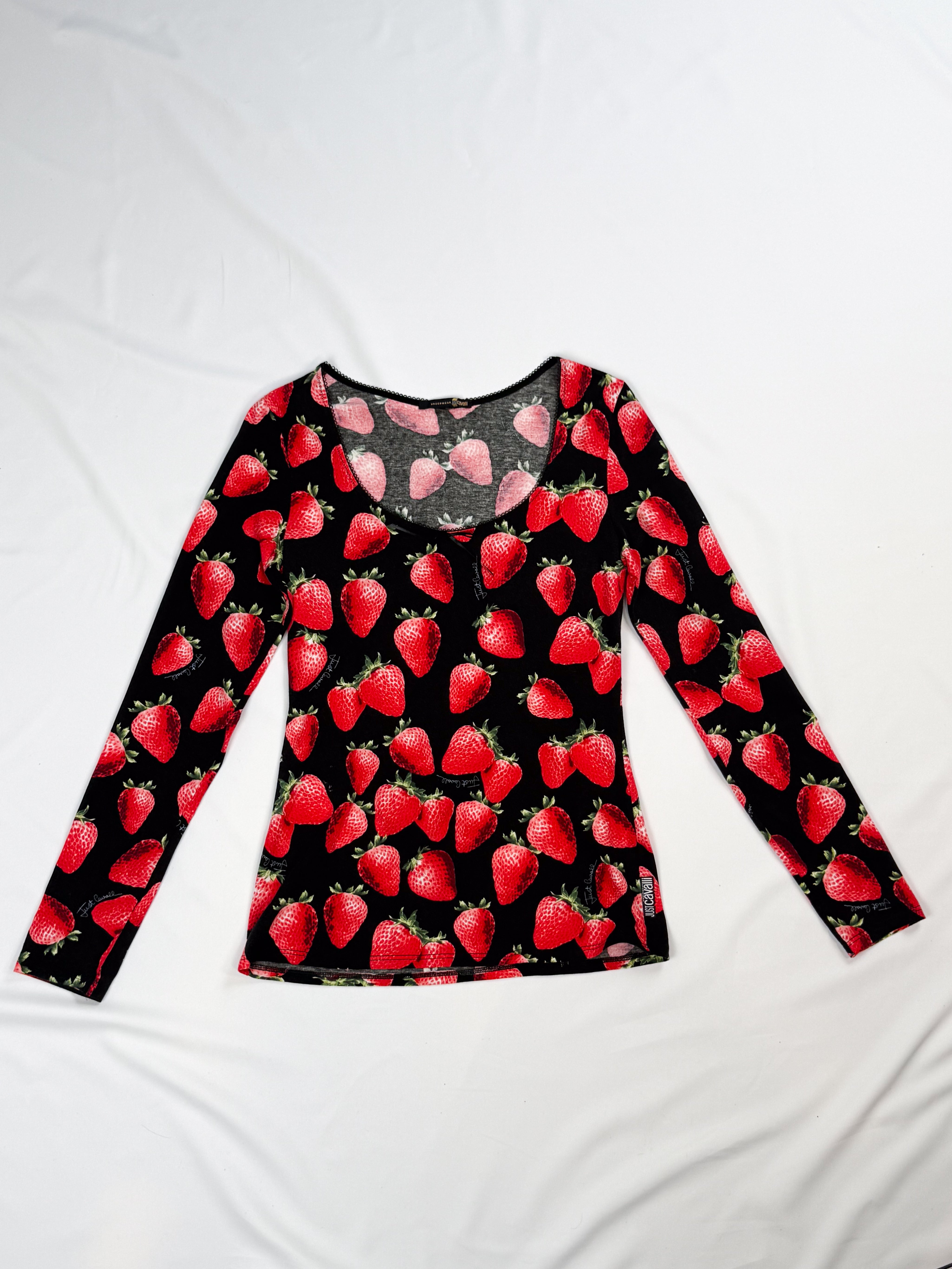 Just Cavalli 2000s Black Strawberry Print Long Sleeve Top - S
