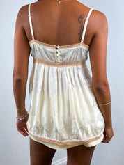 Twin-Set 2000s Cream Floral Jacquard Lace Trim Babydoll Cami Top - XS