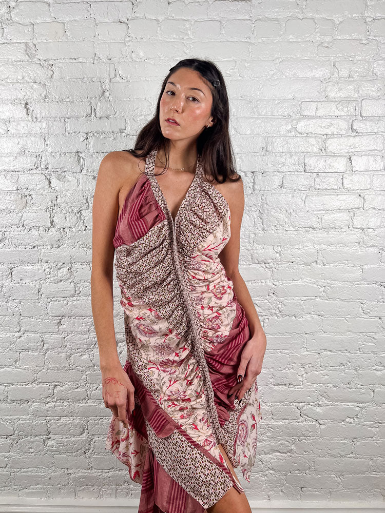 One Step 2000s Pink Patchwork Halter Dress